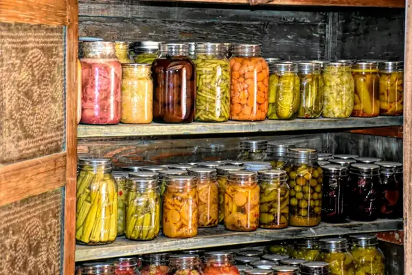 Étagères de bocaux de conserves de légumes
